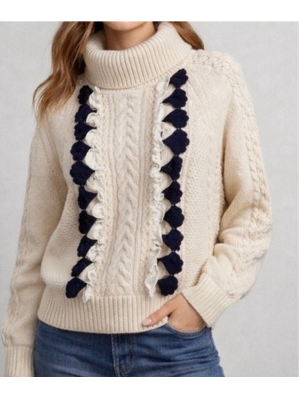 Women's J.Crew Cable Knit Cowl Neck Sweater, Size L, Beige and Black